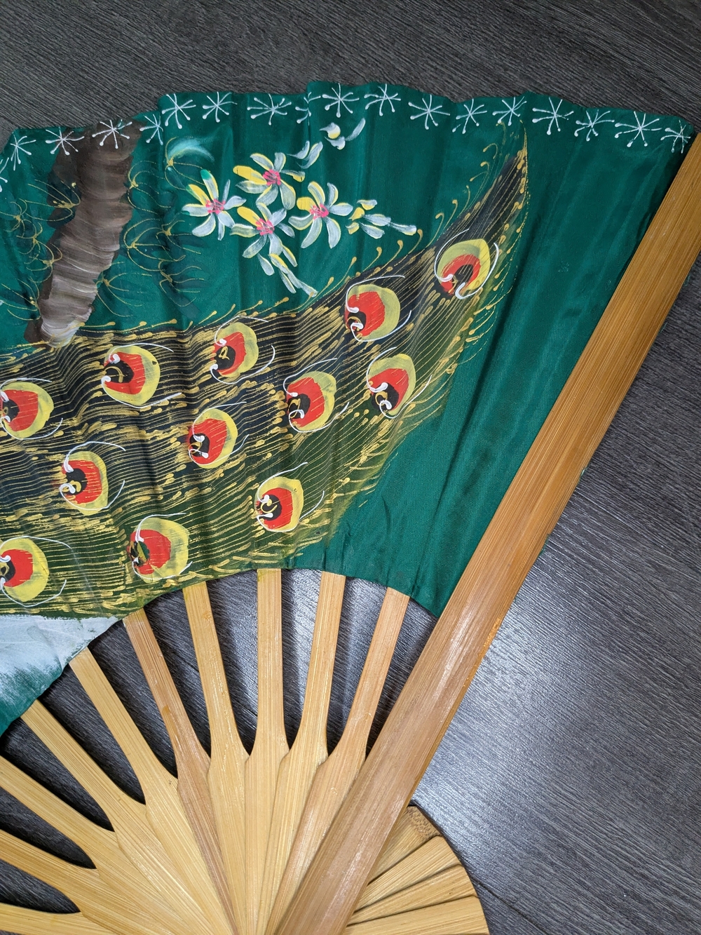 Vintage Decorative Peacock Wall Fan Handpainted Asian Floral Large 30" - Picture 9 of 16